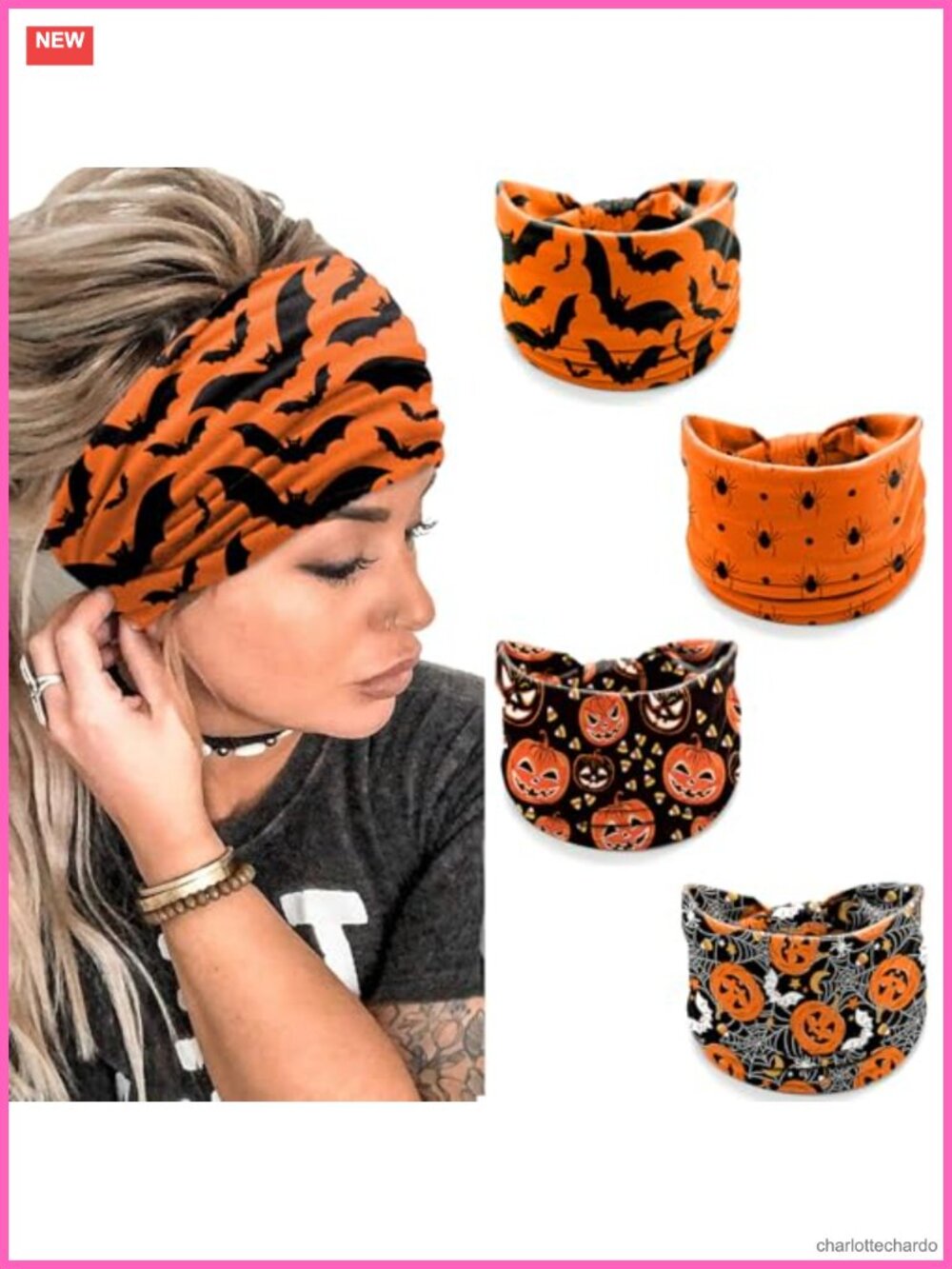 Halloween Headbands for Women, 4-Pack Stretchy Hair Bands, Cute Pumpkin Bat